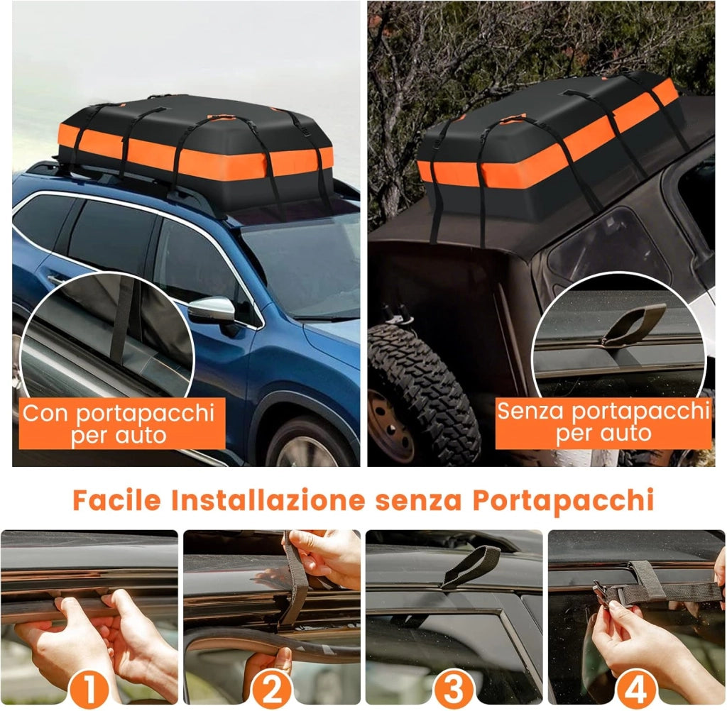 Borsa da Tetto per Auto 424L, Box Tetto Auto per Bagagli Impermeabile Pieghevole, con Tappetino Antiscivolo, per Tutti i Veicoli Con/Senza Barre Portapacchi, con Serratura