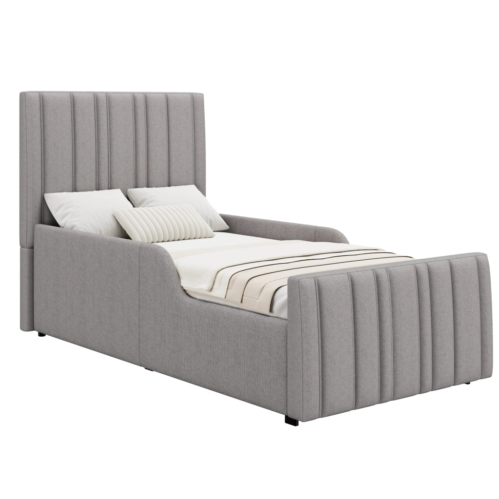 Letto singolo imbottito per Bambini con contenitore idraulico, rete a doghe, testiera e rivestimento in lino grigio 90x200 cm