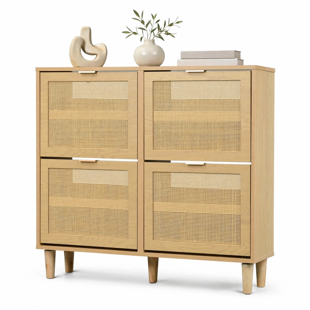 Scarpiera salvaspazio con 4 ante ribaltabili, design in rattan e finitura effetto rovere, 100 x 25 x 90 cm