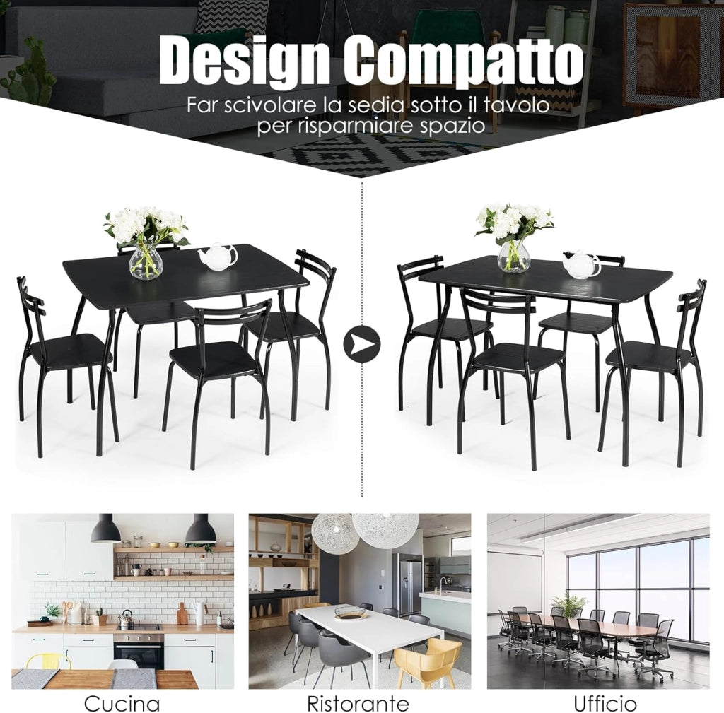 Set Tavolo e Sedie da Cucina 5 Pezzi, Tavolo da Pranzo Rettangolare e 4 Sedie con Telaio Robusto in Metallo, Tavolo con Sedie da Sala da Pranzo Soggiorno Ristorante, Nero