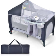 Lettino Campeggio per Bambini, Lettino da Viaggio Pieghevole con Fasciatoio, Culla Lettino per Neonati, con Giocattoli, Zanzariera, Box Portatile con Borsa, per Bambini 0-36 Mesi (Grigio)