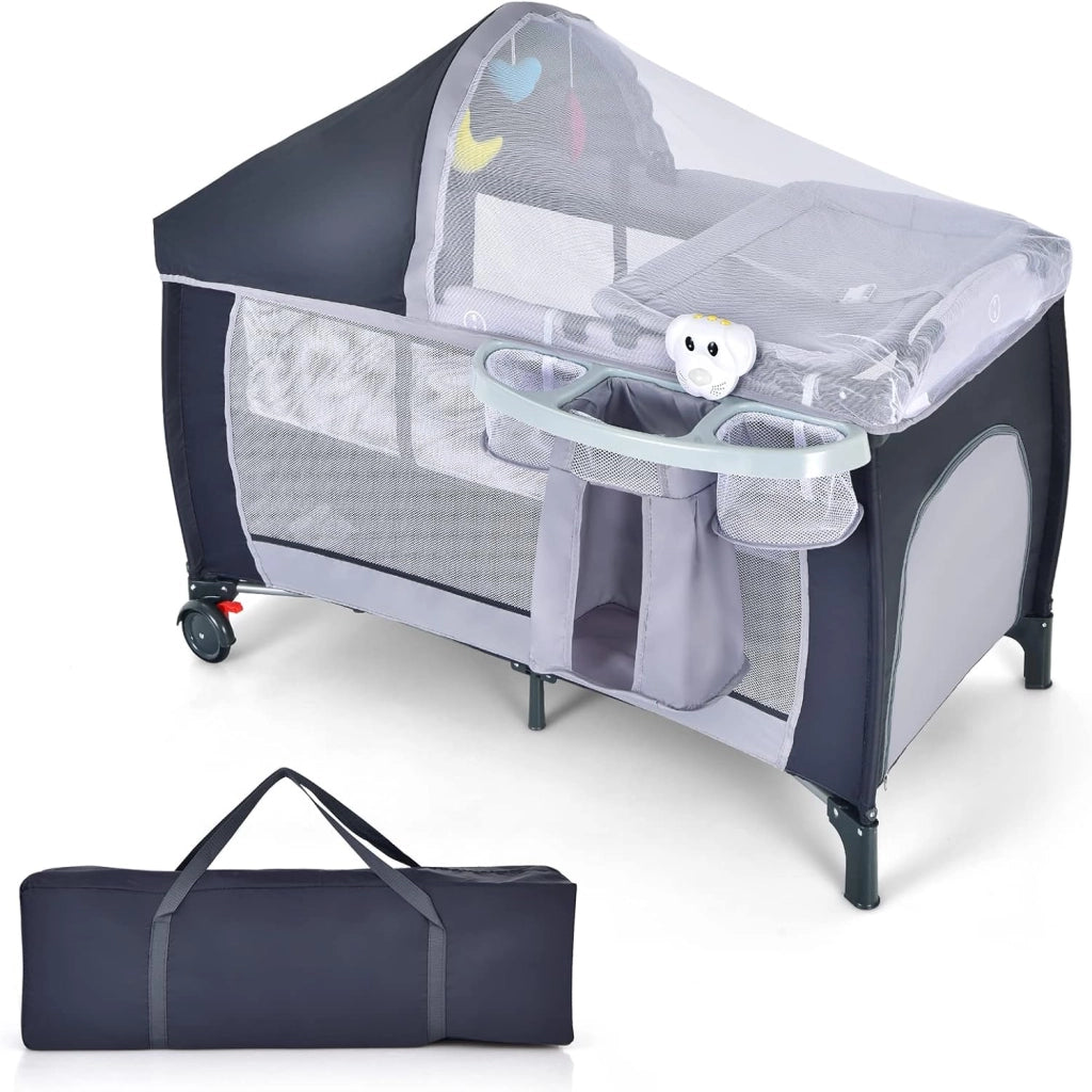 Lettino Campeggio per Bambini, Lettino da Viaggio Pieghevole con Fasciatoio, Culla Lettino per Neonati, con Giocattoli, Zanzariera, Box Portatile con Borsa, per Bambini 0-36 Mesi (Grigio)