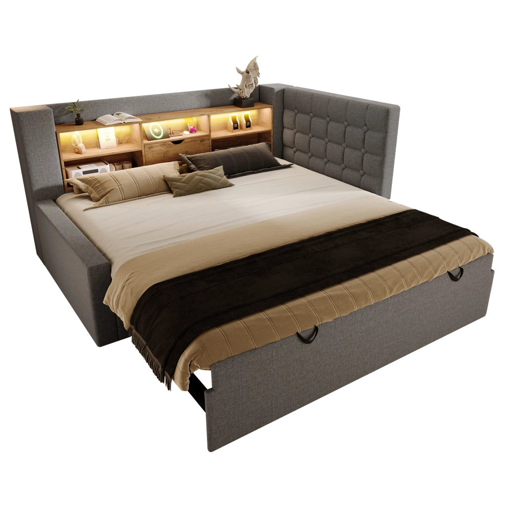 OKWISH Letto estraibile 90×200 cm, Letto Singolo con LED Regolabile, USB, Tipo C e Contenitori, senza Materasso, in Lino, Grigio