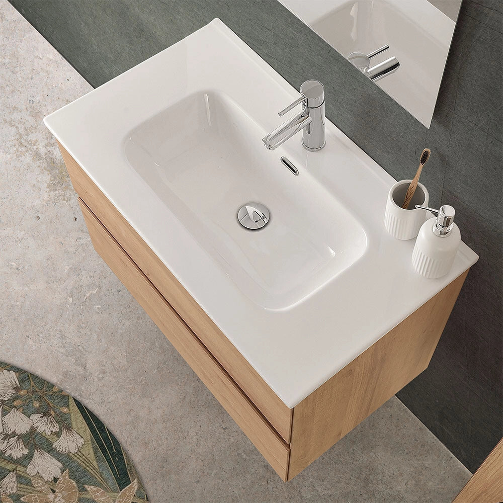 Mobile bagno sospeso 80 cm noce gold con lavabo in ceramica Dafne