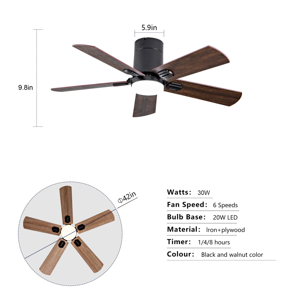 Ventilatore da soffitto piatto con luce dimmerabile; telecomando e motore DC silenzioso; metallo e legno nero e noce scuro