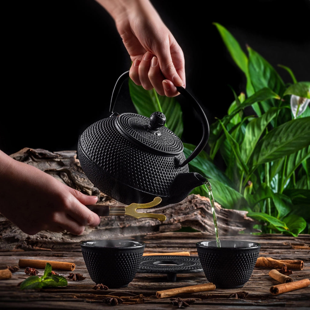 Teiera in ghisa KADAX con infusore per tisane, capacità 850 ml + 2 tazze, colore nero.