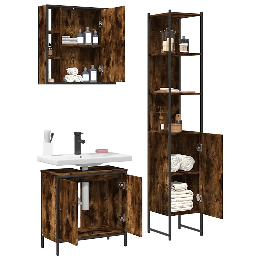 Set Mobili da Bagno 3 pz Rovere Fumo in Legno Multistrato 3214742