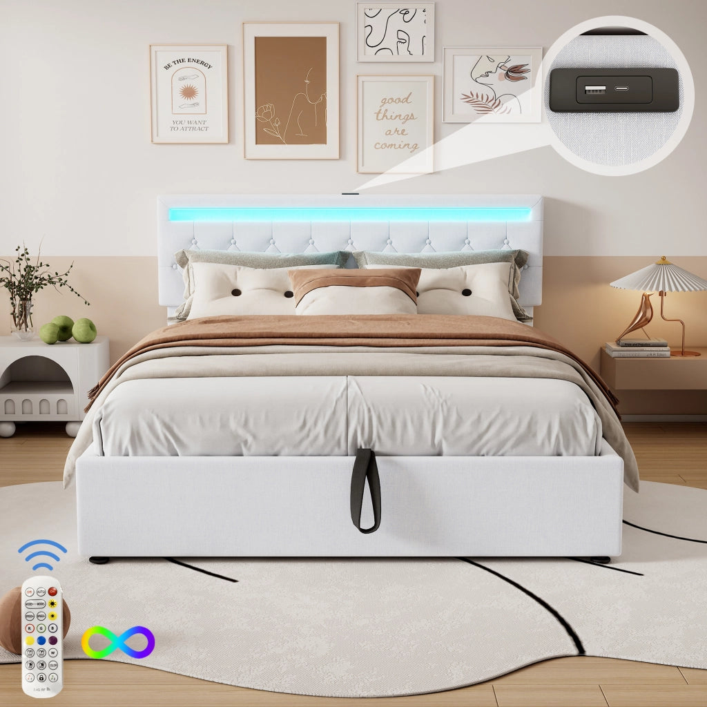 Letto imbottito 160 × 200 cm con contenitore, led, usb e usb-c, senza materasso, bianco