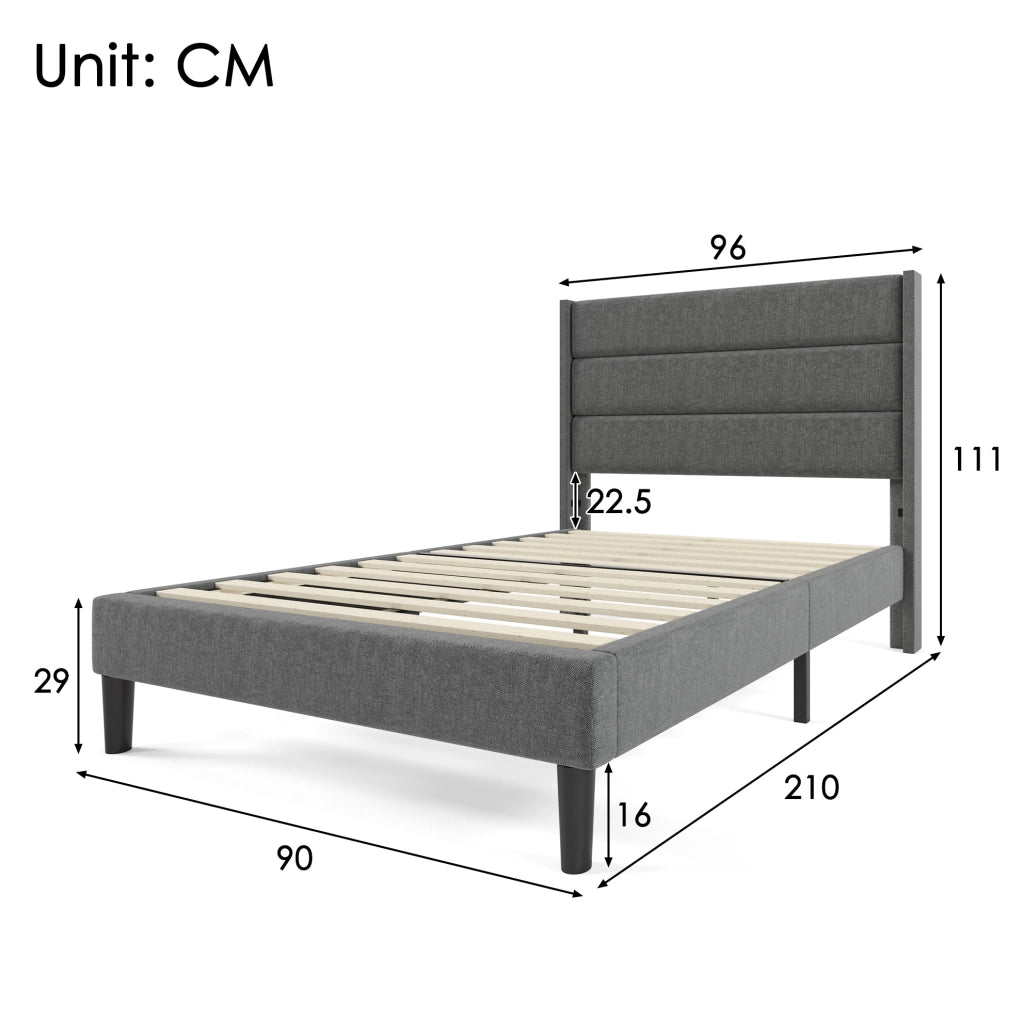 Letto imbottito 90x200 cm con testiera; rete a doghe e rivestimento in lino grigio