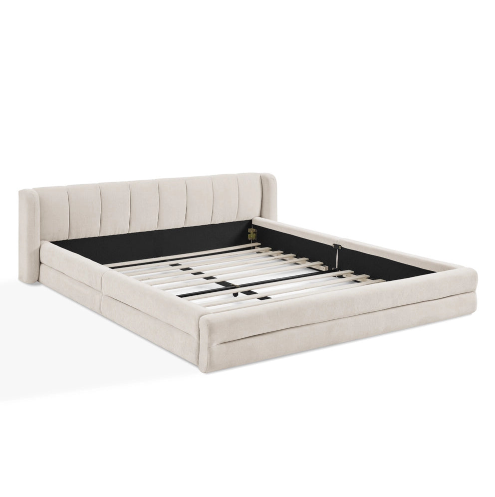 Letto matrimoniale 140x200 cm rivestito in chenille beige con testiera ergonomica e struttura rinforzata