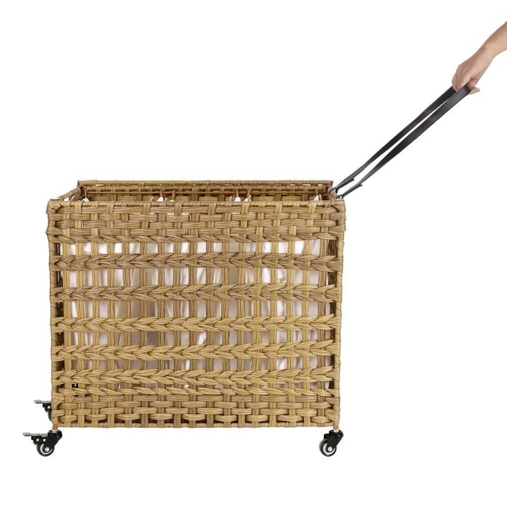 Cesto portabiancheria intrecciato a mano stile imitazione rattan mobile 3 scomparti di smistamento coperchio manici sacchetti rimovibili soggiorno bagno 66 cm lavanderia marrone 12_0003598