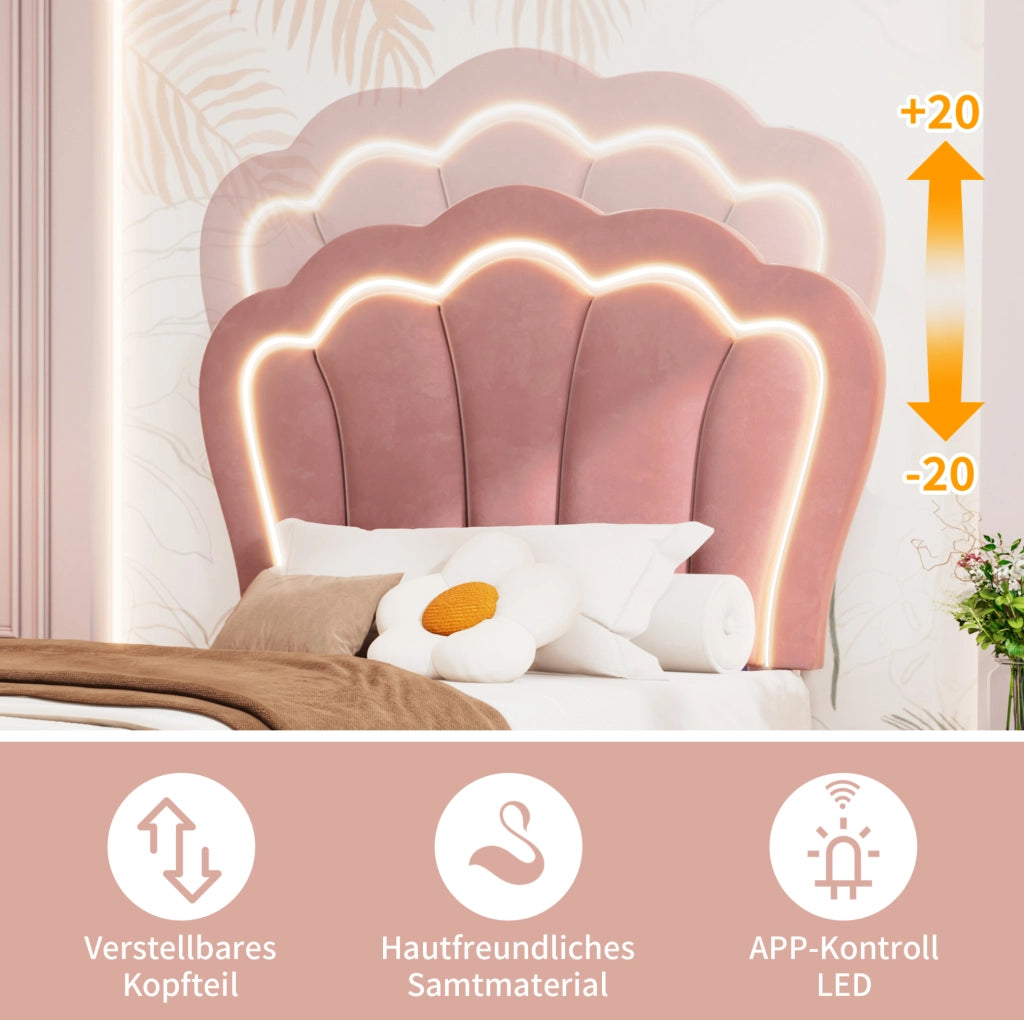 Letto singolo 90x190 cm rosa con LED RGB e cassetto estraibile
