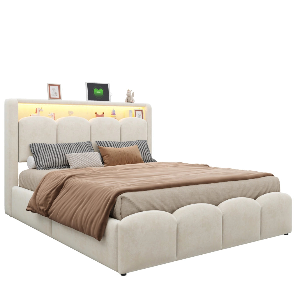 Letto matrimoniale imbottito 140x200 cm in velluto beige con LED; USB e contenitore idraulico