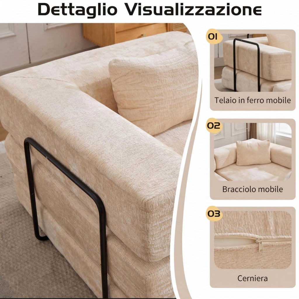 Divano compatto, divano letto pieghevole, moduli senza struttura, tessuto chenille, beige
