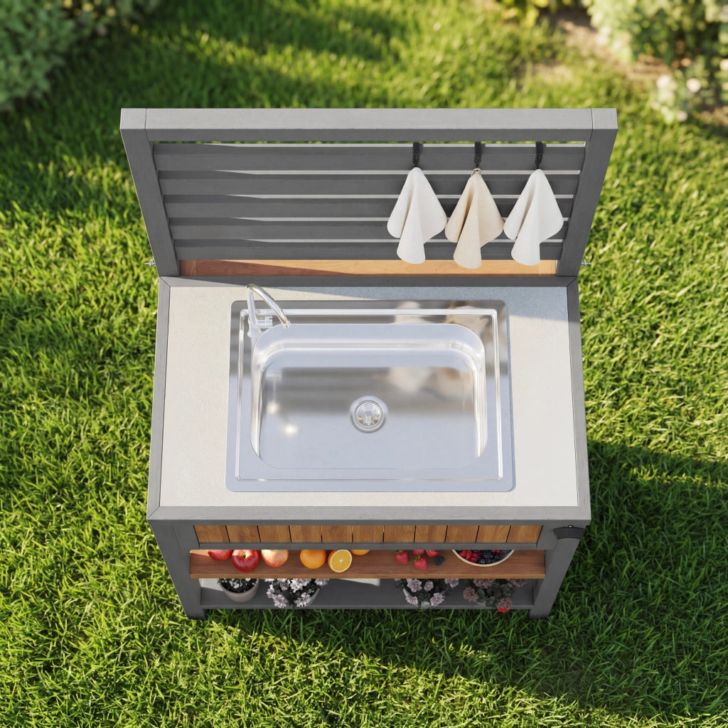 Armadio da Giardino con Lavello e Rubinetto; Apribottiglie Integrato; Ripiani e Ganci; in Legno Massello Naturale 80 x 51 x 148;5 cm