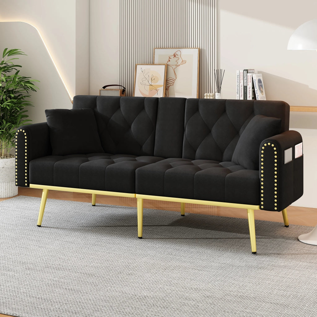 Divano letto in velluto con schienale regolabile, portabicchieri e cuscini, nero 175 × 80 × 73,5 cm