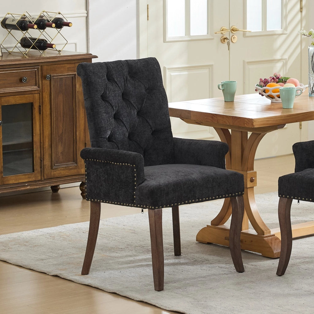 Sedia da pranzo, venduta singolarmente, tessuto chenille, gambe in legno massello, con braccioli, nero