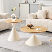 Set di 2 tavolini da caffè ?70x40 cm e ?50x50 cm; impilabili; in melamina e acciaio; naturale