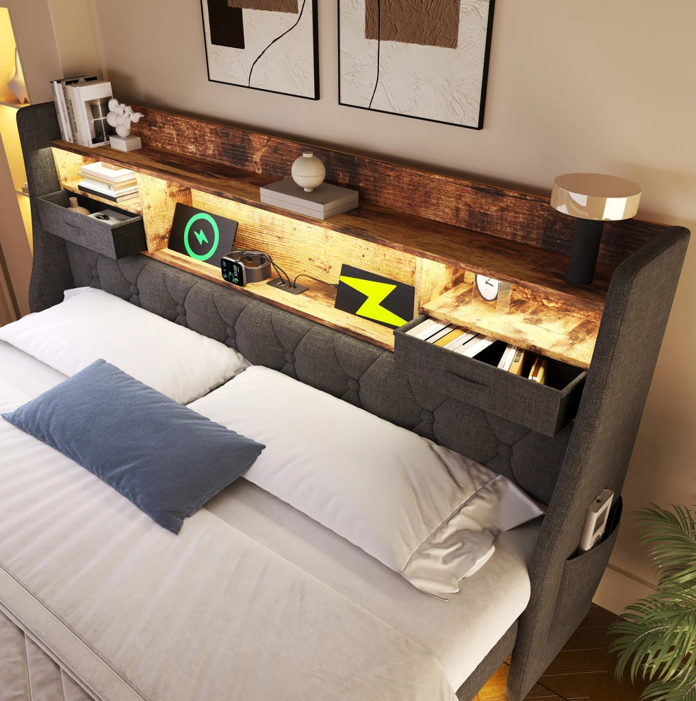 Letto matrimoniale 160x200 con LED, USB-C e contenitore