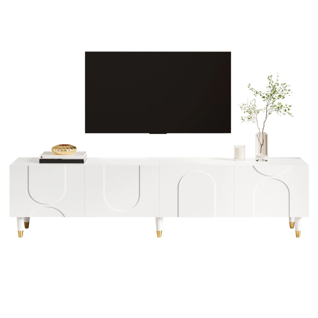 Mobile TV 180x40x50 cm con ante a rilievo ad arco asimmetrico in MDF e truciolare bianco
