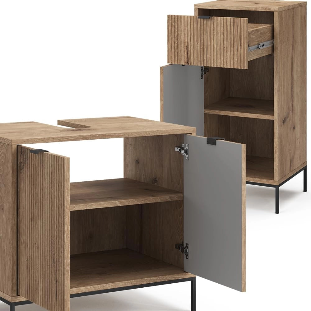 Set di mobili da bagno Eliza, Quercia vichinga, 70 cm, composto da mobile sottolavabo, specchiera e mobile medio