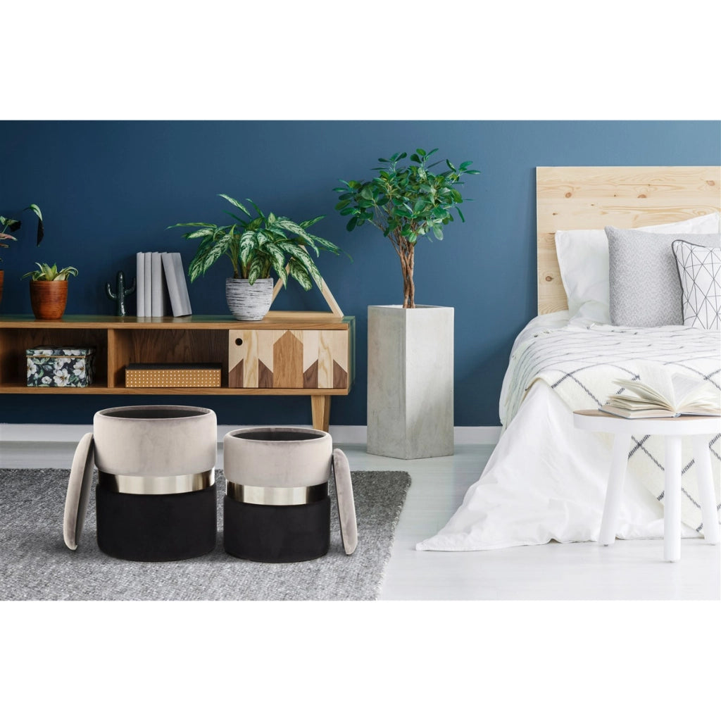 Set 2 Pouf Contenitore Zora in Velluto Grigio e Acciaio