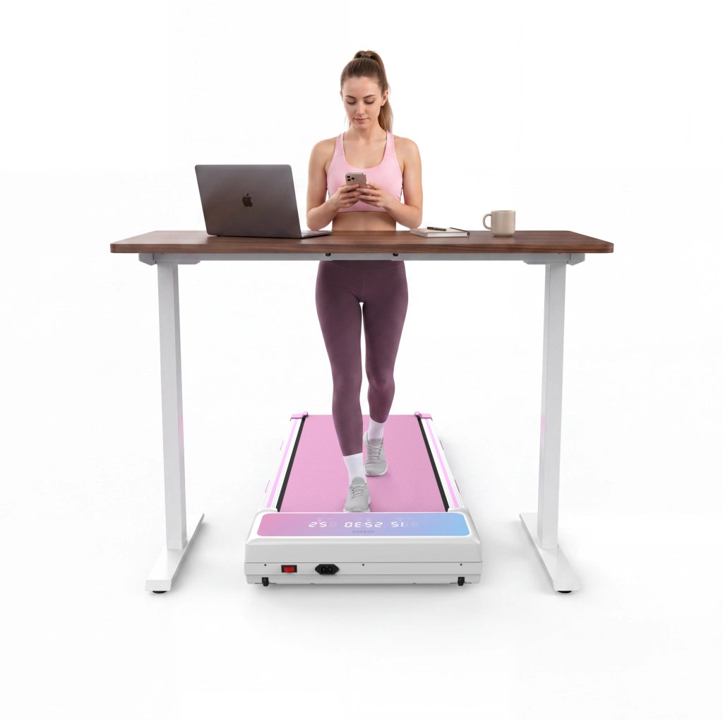Tapis roulant ULEVR 1-8 km/h con inclinazione automatica 15%, Bluetooth, telecomando e display LED, rosa e bianco