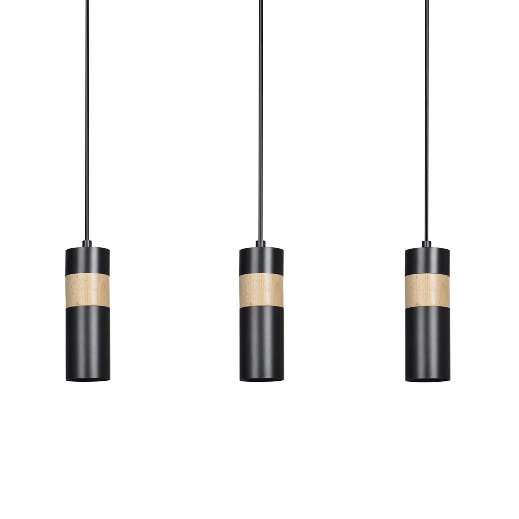 Lampadario 3 Luci Change In Acciaio Nero A Cilindro Con Legno Naturale