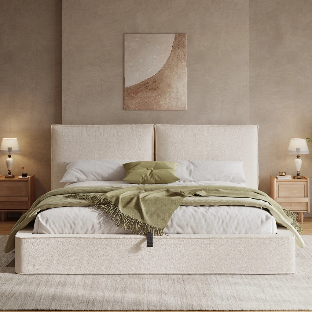 Letto imbottito 180x200 cm con contenitore idraulico e testiera in bouclé beige