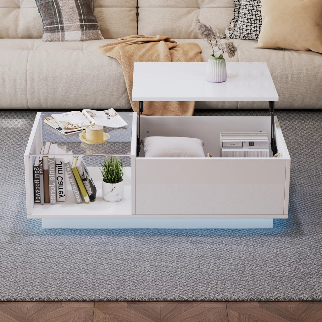 Tavolino basso sollevabile con LED APP, vano portaoggetti nascosto e ripiano aperto, bianco, 100 × 50 × 33 cm