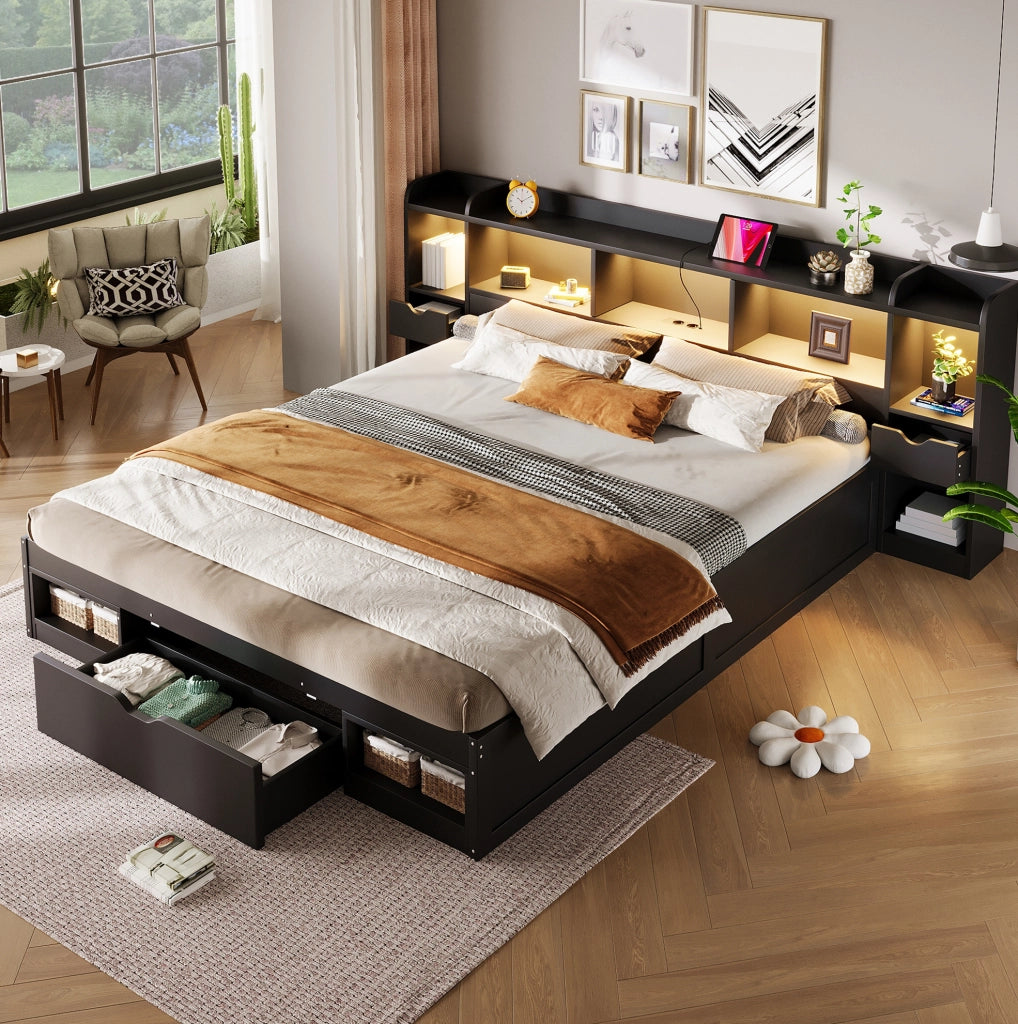 Letto 180x200 cm con LED, USB e 3 cassetti in MDF e compensato nero