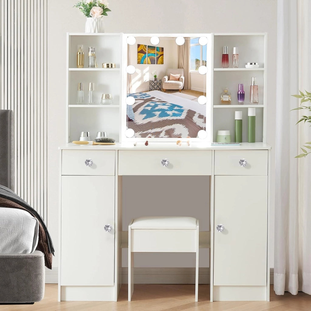 Toeletta con specchio e sgabello, scrivania con 3 cassetti e 4 ripiani, scrivania per trucco con luci LED regolabili, tavolo da trucco per camera da letto, 100 x 40 x 140 cm, bianco, HZ661223