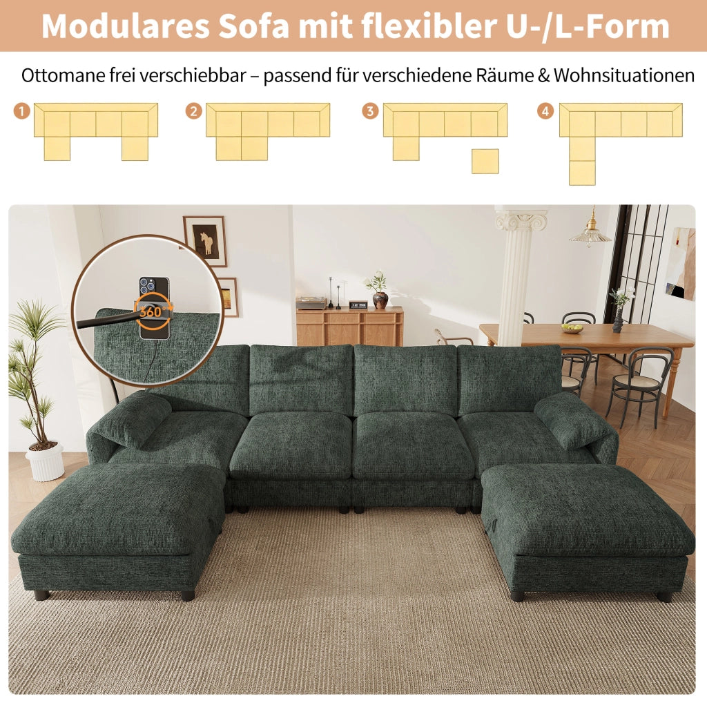 Divano modulare 6 posti configurabile a L/U in ciniglia verde con 2 pouf contenitore USB e Type-C