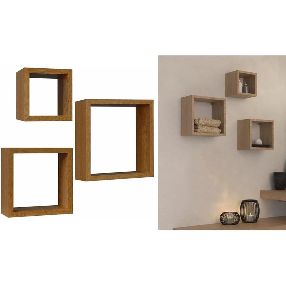 Trade Shop - Set 3pz Mensole Da Parete A Cubo Moderne Design Quadrato Effetto Legno 2 Ripiani -