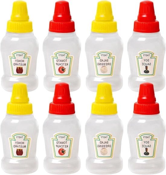 Set di 8 Mini Bottiglie a Sfrega per Picnic - Miele Ketchup Salsa di Soia Salsa di Salsa di Sla