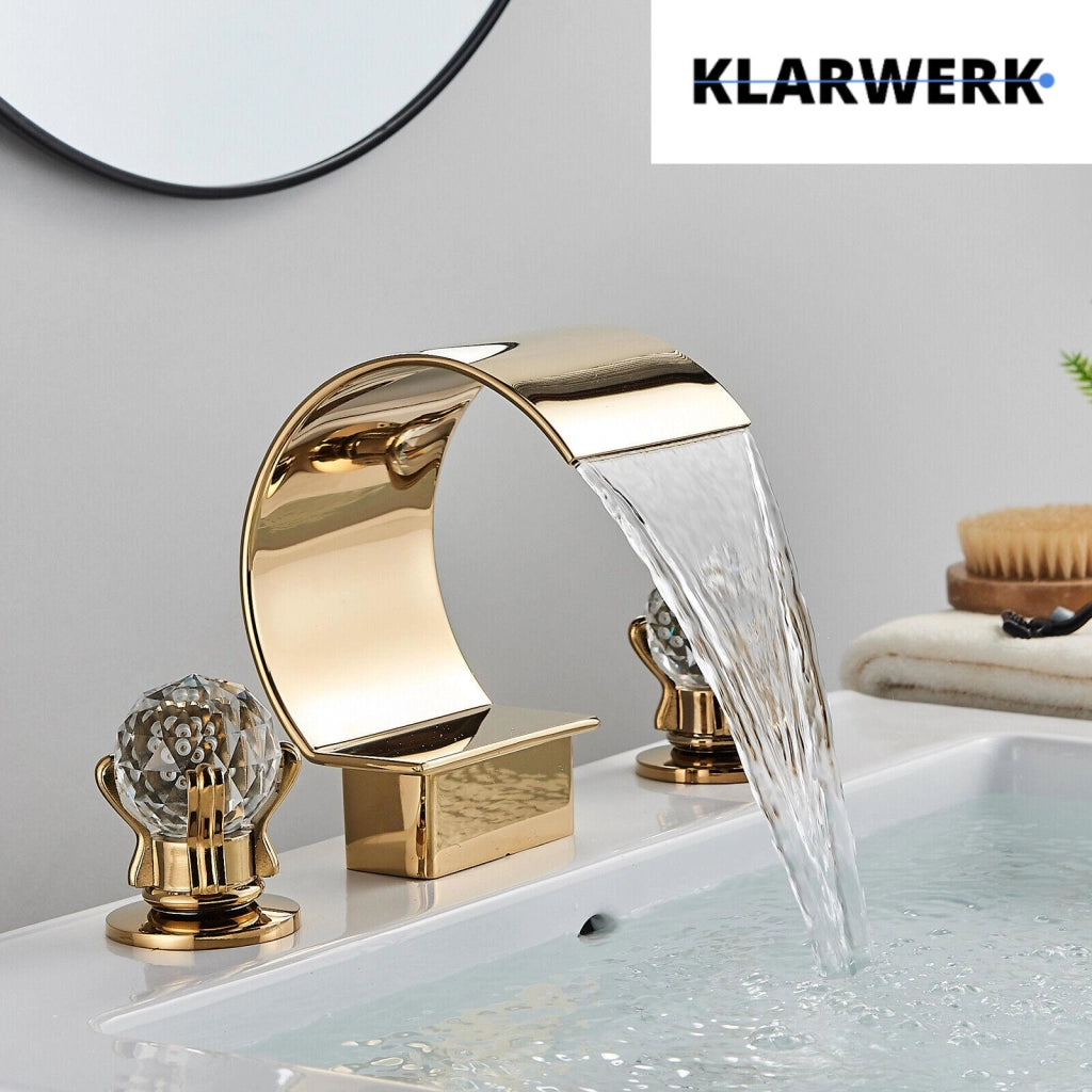 LENA | Rubinetto bagno 3 fori design oro lucido |  per lavabo ad arco alto in acciaio inossidabile | miscelatore 2 maniglie ristorazione