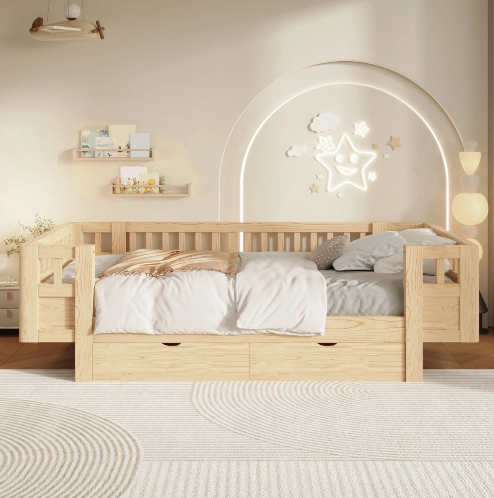 Letto singolo 90x200 in pino con sponde e 2 cassetti