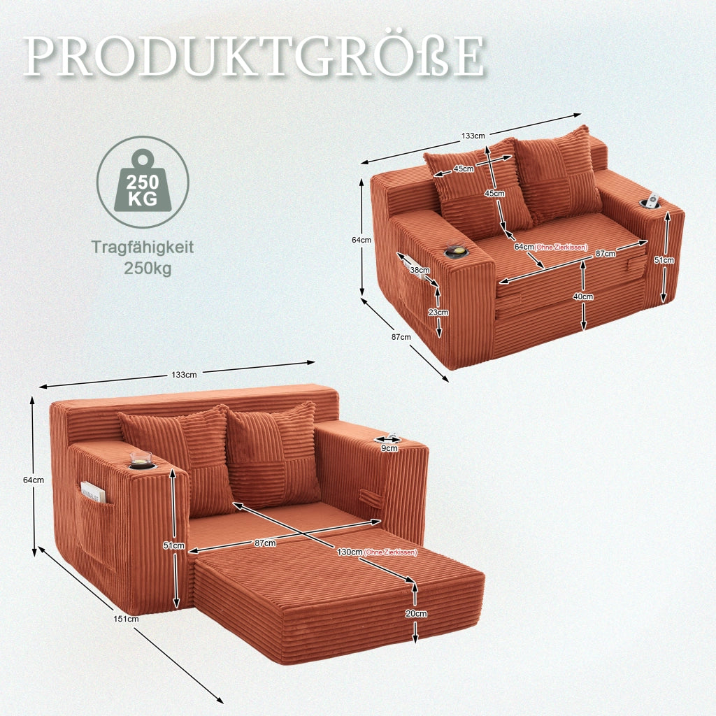 Divano pouf 151x133x64 cm con tasche laterali in velluto a coste arancione