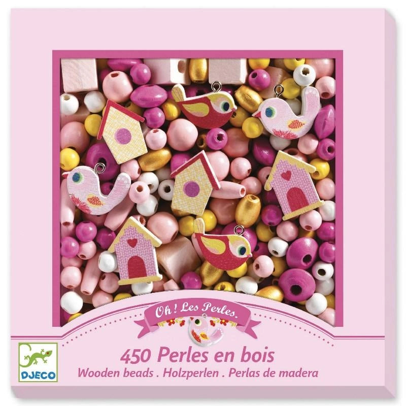Set perle in legno Uccelli per collana,450 perle con filo,Djeco,Eta 4-8 anni