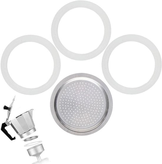 Set di guarnizioni di gomma per caffettiere - 4 pezzi - Incluso un filtro a sifone in alluminio - Adatto per caffettiere - Diametro esterno 7,12 cm - Filtro per caffè