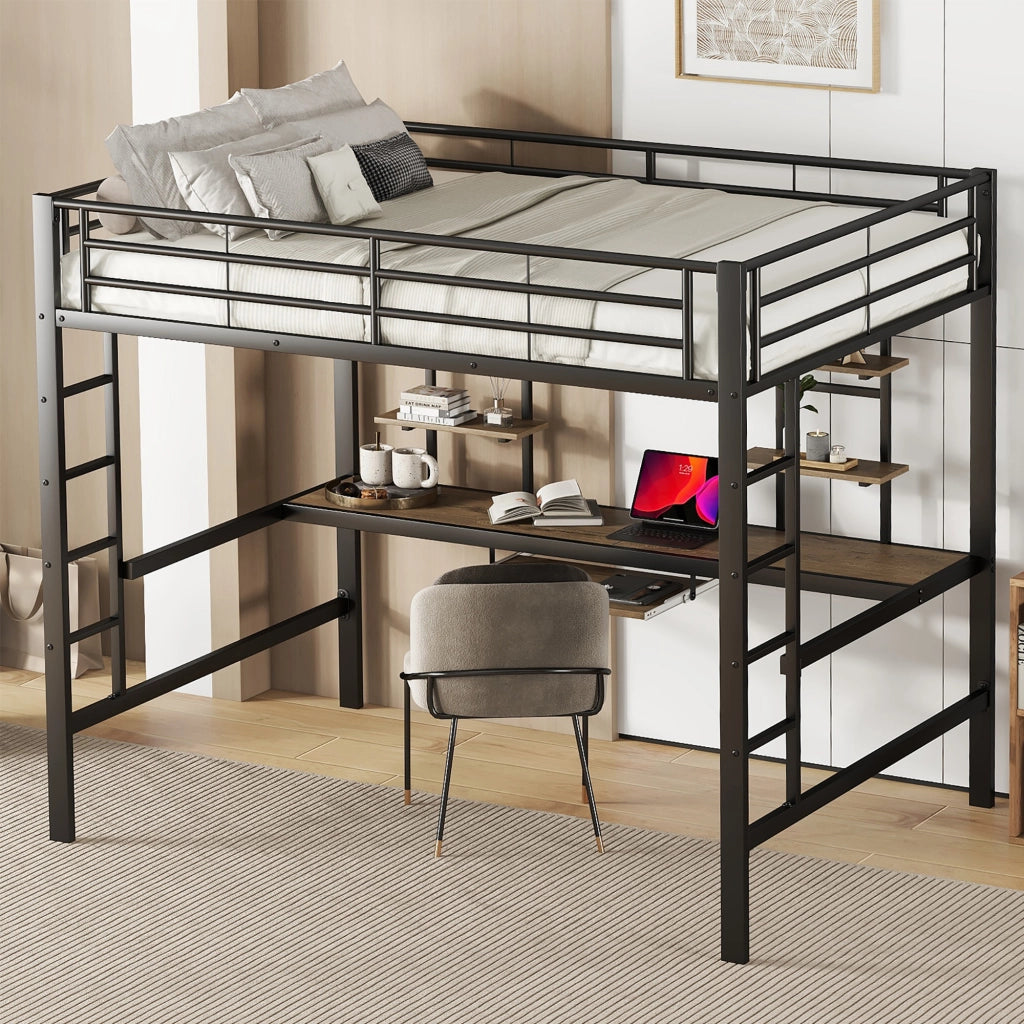 Letto a soppalco 140 × 200 cm con scrivania, 2 librerie e scala, senza materasso, in metallo, nero