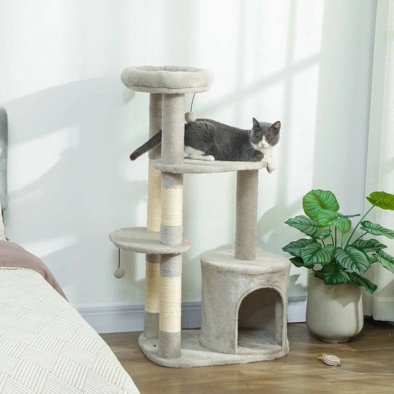 Albero per gatti multifunzione 114 cm con piattaforme, tiragraffi in sisal e casetta, grigio chiaro