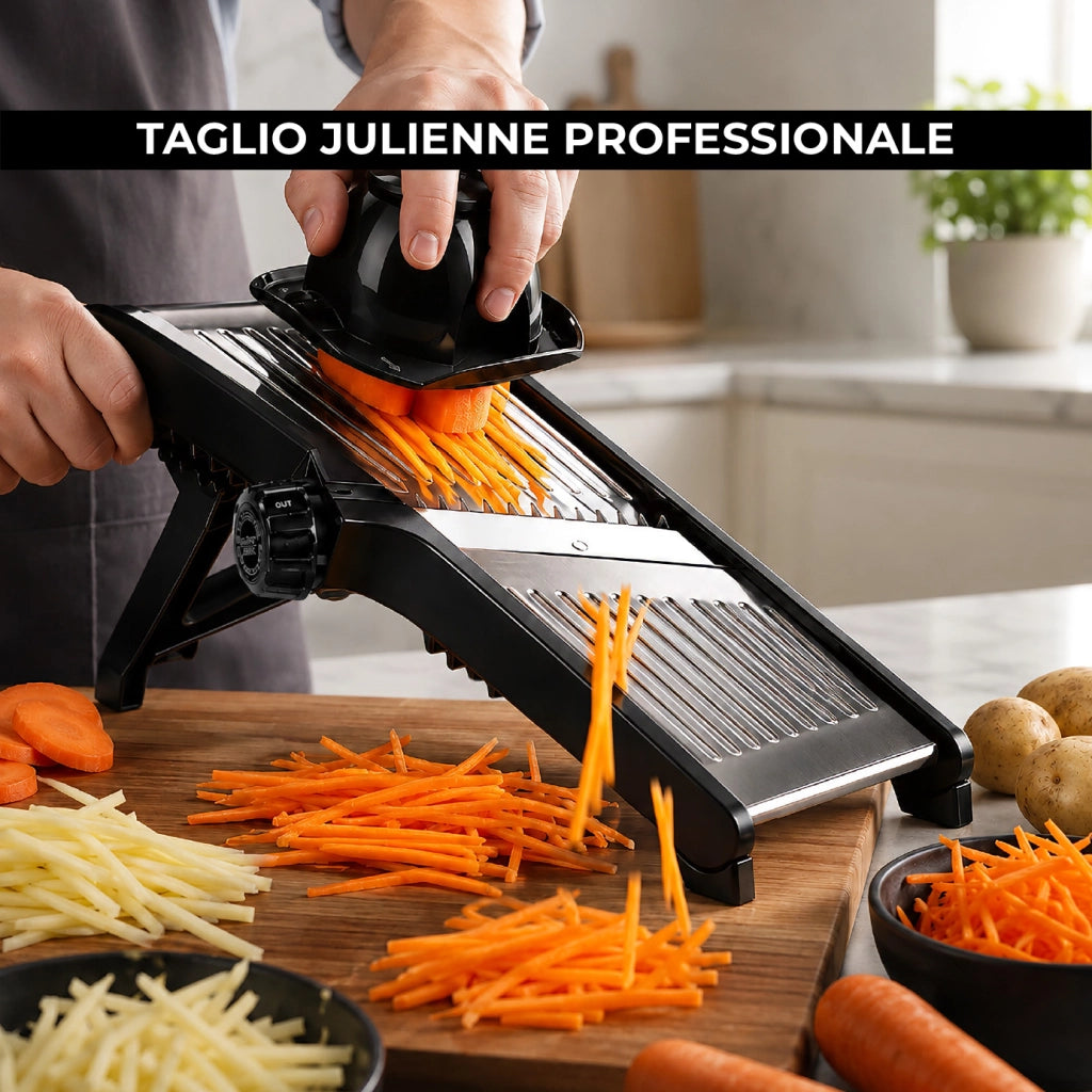 Mandolina Professionale in Acciaio Inox, Affettaverdure Regolabile da 1 a 9 mm con Taglio Julienne, Affettatrice Manuale Pieghevole con Salvamani e Piedini Antiscivolo
