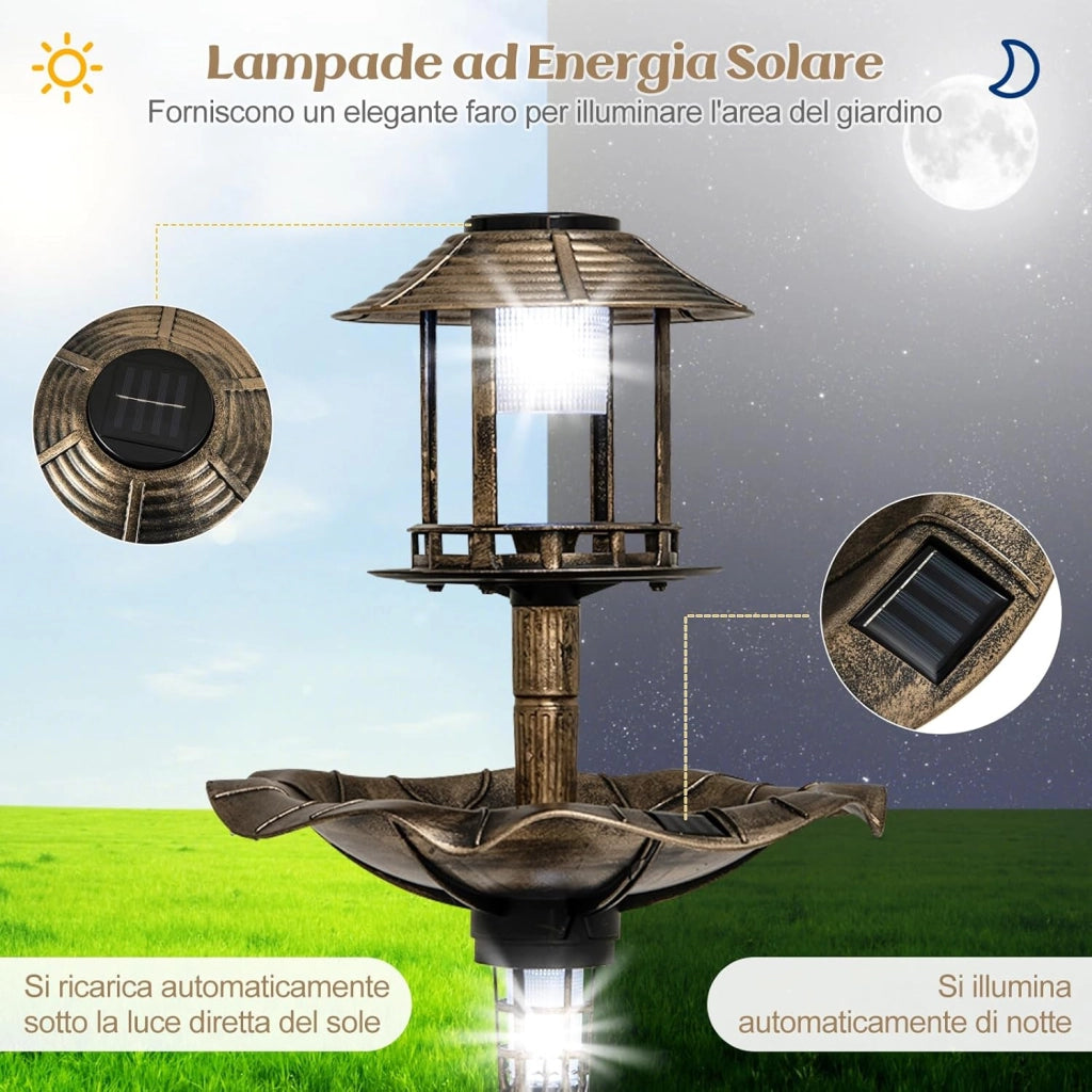 Vasca per Uccelli da Giardino a Energia Solare, Abbeveratoio e Mangiatoia per Uccelli da Esterno con 2 Lampade a Energia Solare, Fioriera e Supporto Riempibile(Bronzo Antico, 43 x 43 x 110 cm)