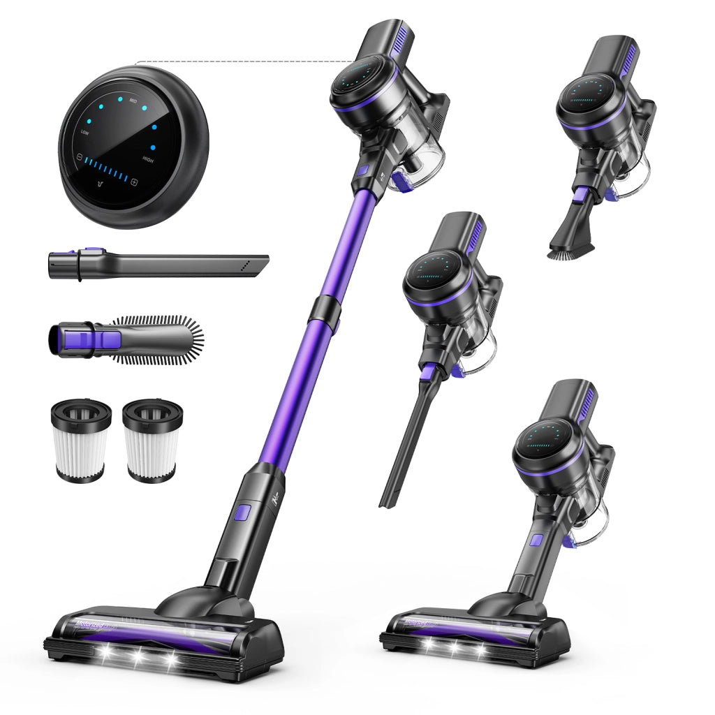 Aspirapolvere senza fili INSE S7P viola con display a LED e spazzola a rullo morbida.
