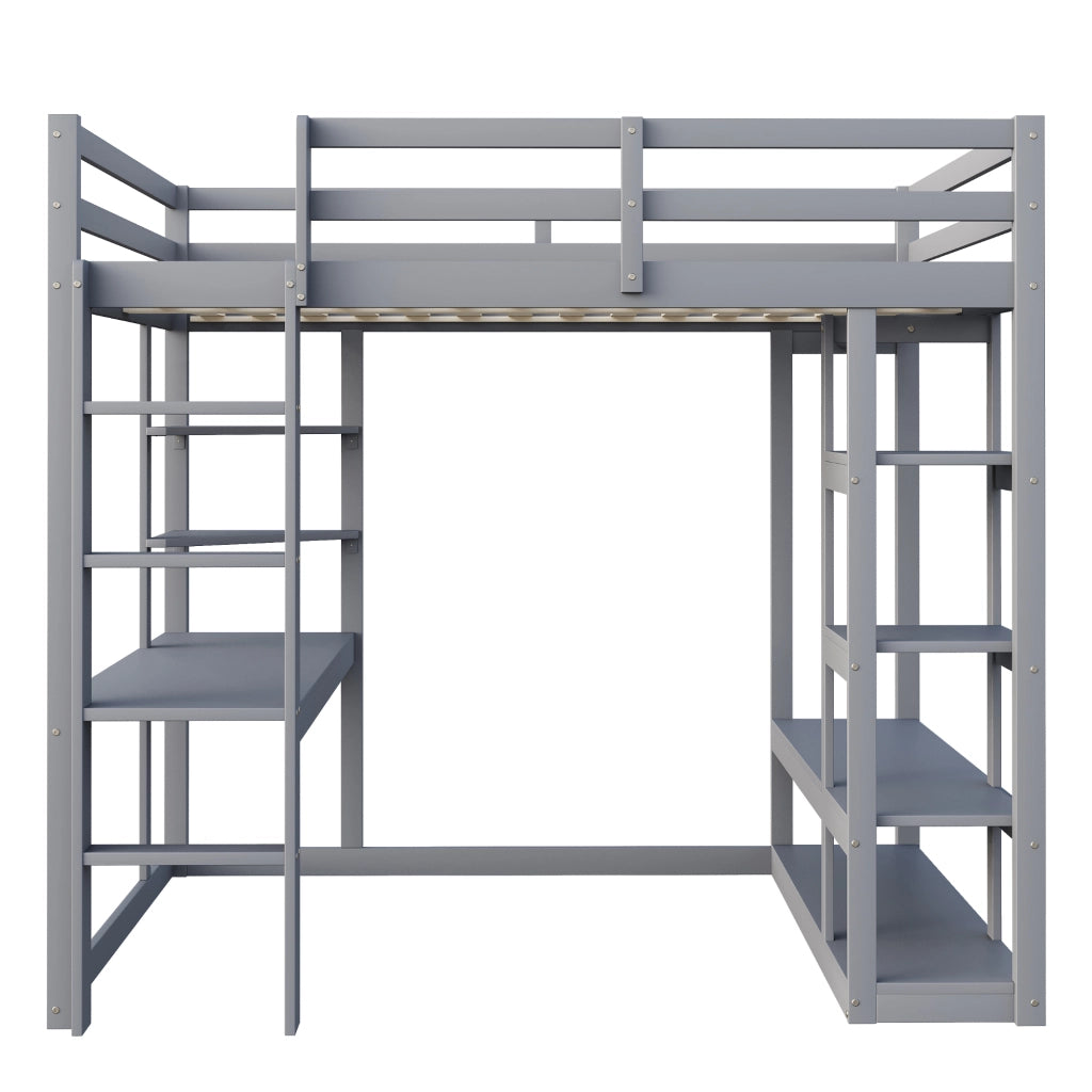 DESMIU Letto A Castello Alto 2 Posti con Scrivania, Scaffali e Appendiabiti 140 × 200 cm, Senza Materasso