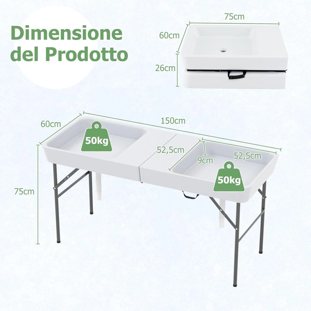Tavolo Pieghevole Giardino 150 cm, Tavolo da Esterno con Doppi Lavelli, Tubi di Scarico, con Raffreddatore per Ghiaccio, Contenitore per Bevande, per Giardino Campeggio