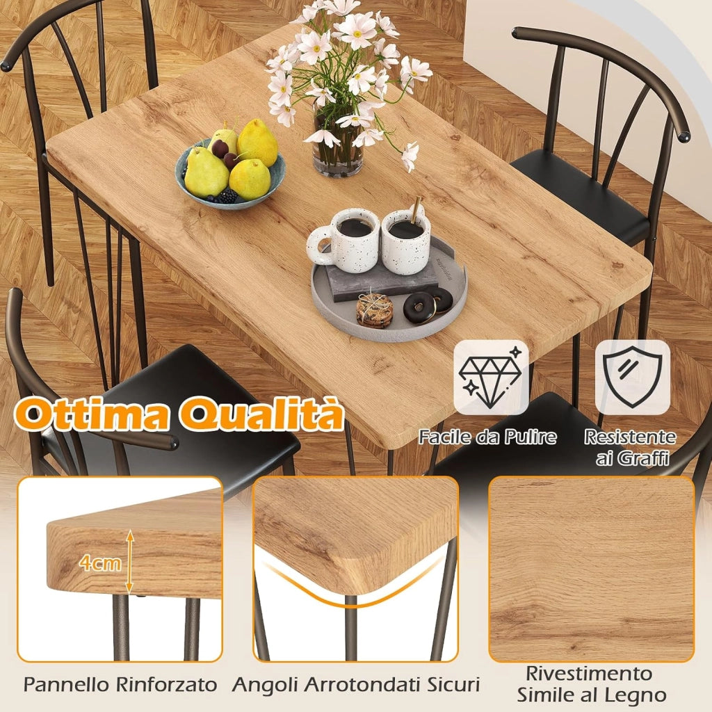 Set da Tavolo e Sedie da Pranzo, Tavolo da Cucina Industriale con 4 Sedie Senza Braccioli con Seduta Imbottita, Schienale a Raggiera, Set 5 Pezzi Mobili Salvaspazio per Sala da Pranzo