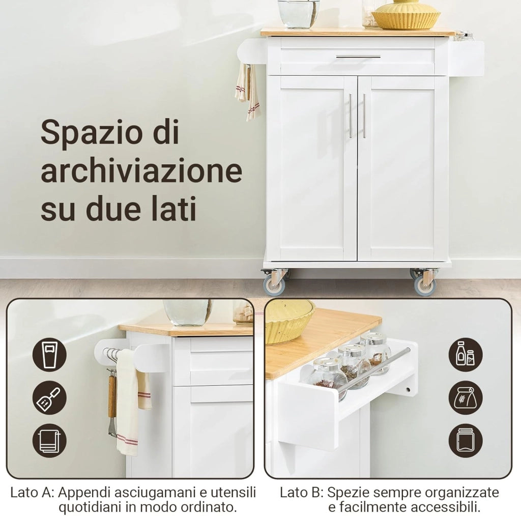 Carrello Cucina con Ruote – Mobile Cucina Salvaspazio con Piano in Bambù, Carrello Cucina con Cassetto e Armadietto, Credenza Cucina e Mobiletto Cucina per Soggiorno 84x44,5x91cm FKW13-II-WN