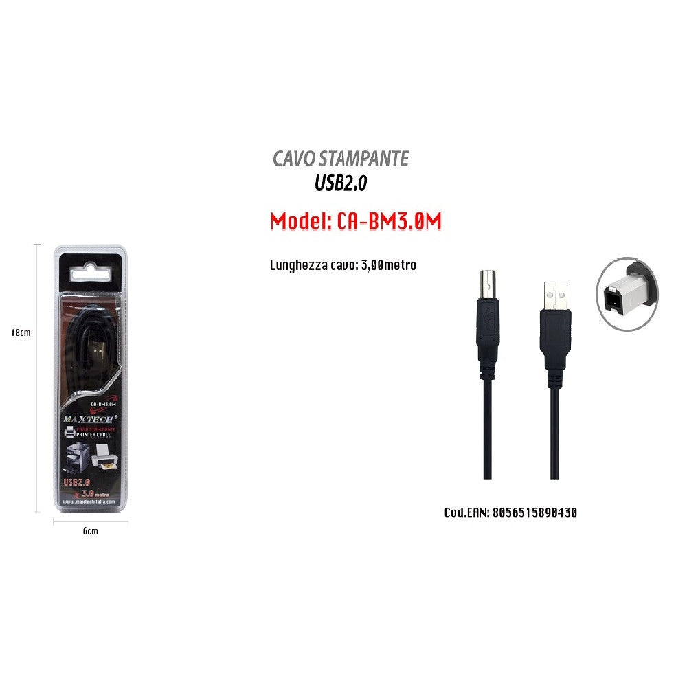 Trade Shop - Cavo Da 3mt Usb 2.0 Per Stampante Hp Prolunga Dati Pc Hard Disk Maxtech Ca-bm3.0m -